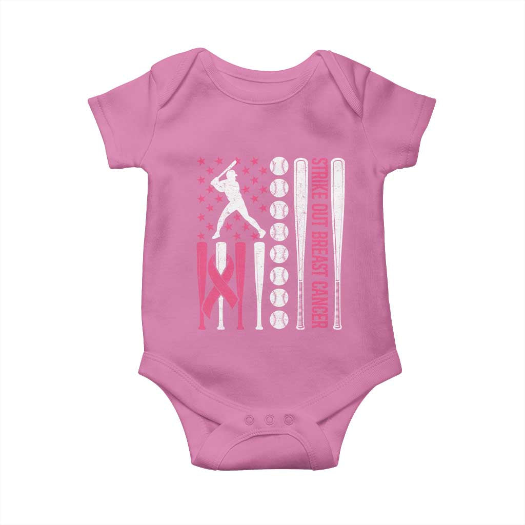 Baseball Breast Cancer Baby Onesie Pink Ribbon Strike Out Breast Cancer American Flag - Wonder Print Shop