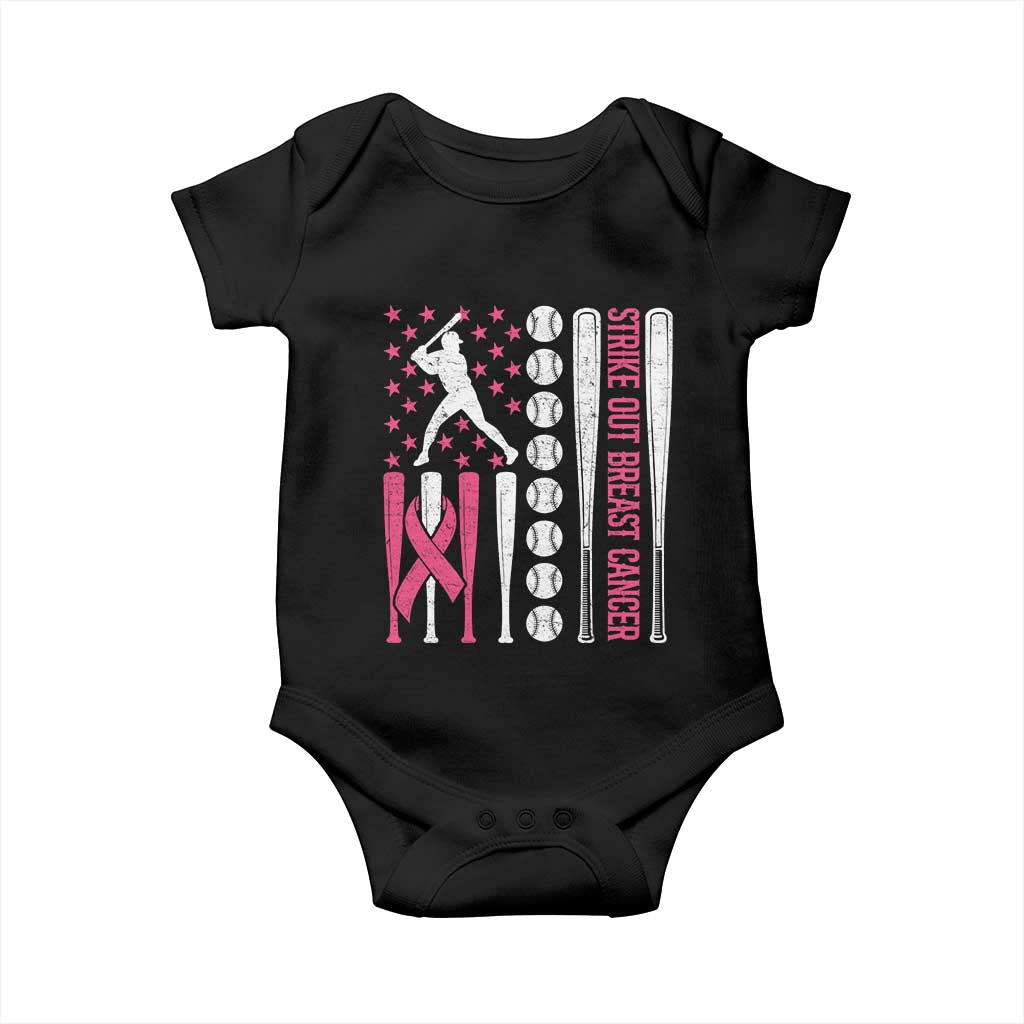 Baseball Breast Cancer Baby Onesie Pink Ribbon Strike Out Breast Cancer American Flag - Wonder Print Shop