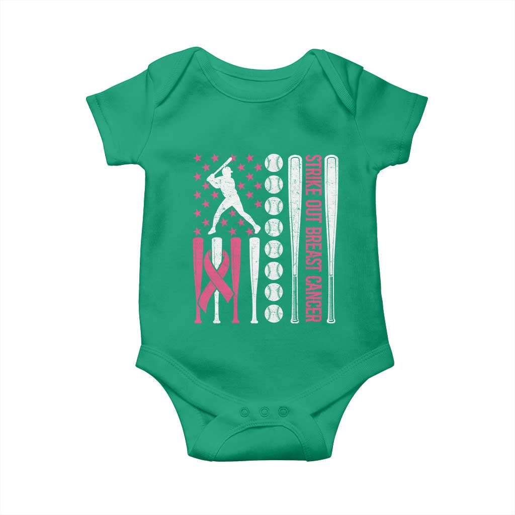 Baseball Breast Cancer Baby Onesie Pink Ribbon Strike Out Breast Cancer American Flag - Wonder Print Shop