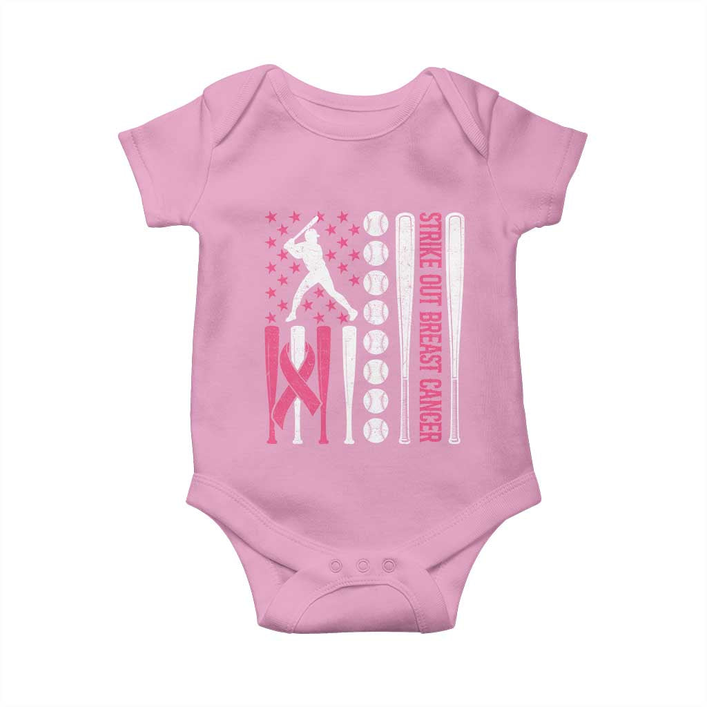 Baseball Breast Cancer Baby Onesie Pink Ribbon Strike Out Breast Cancer American Flag - Wonder Print Shop
