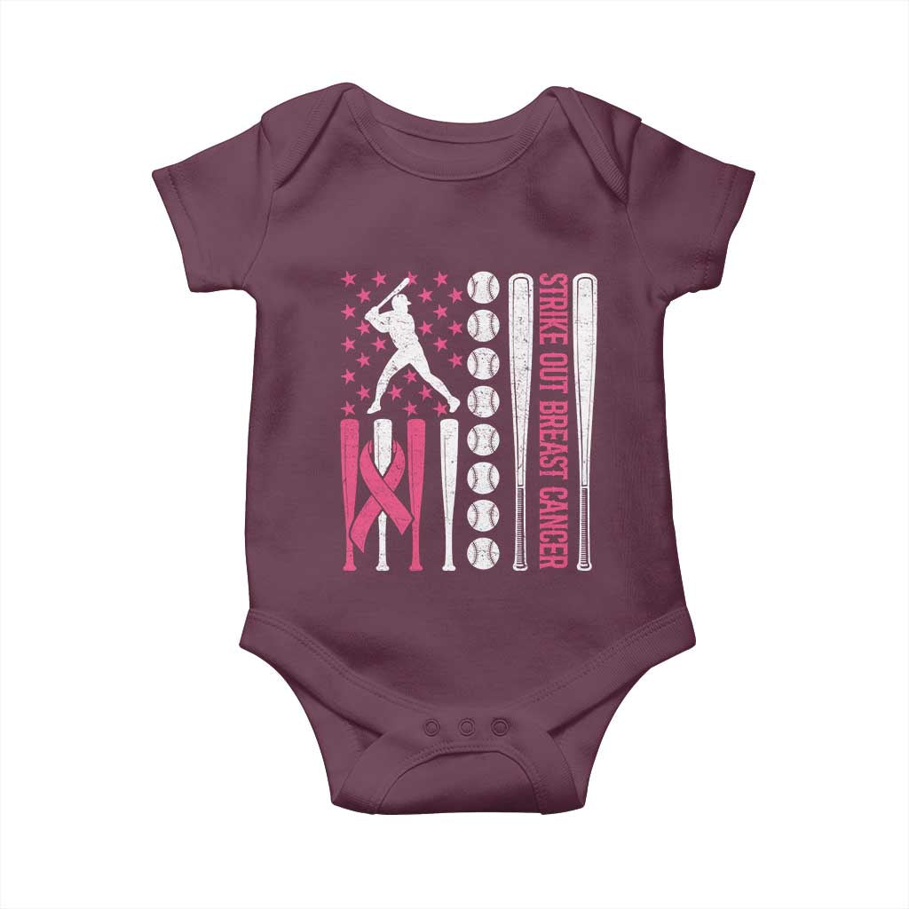 Baseball Breast Cancer Baby Onesie Pink Ribbon Strike Out Breast Cancer American Flag - Wonder Print Shop