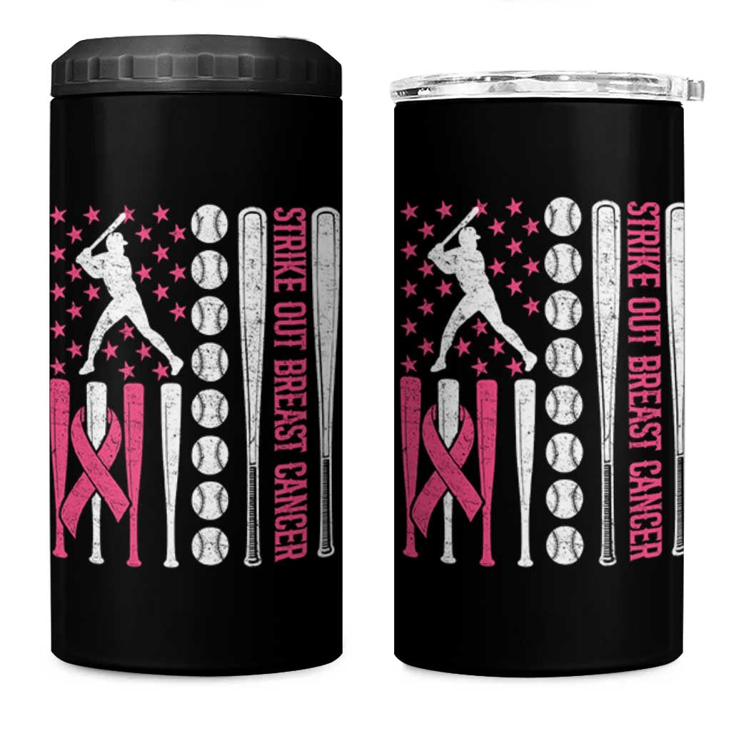Baseball Breast Cancer 4 in 1 Can Cooler Tumbler Pink Ribbon Strike Out Breast Cancer American Flag - Wonder Print Shop