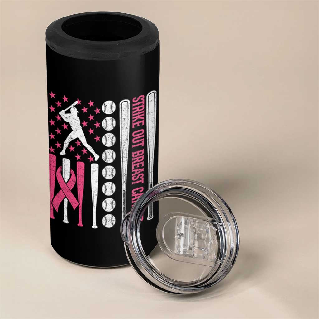 Baseball Breast Cancer 4 in 1 Can Cooler Tumbler Pink Ribbon Strike Out Breast Cancer American Flag - Wonder Print Shop