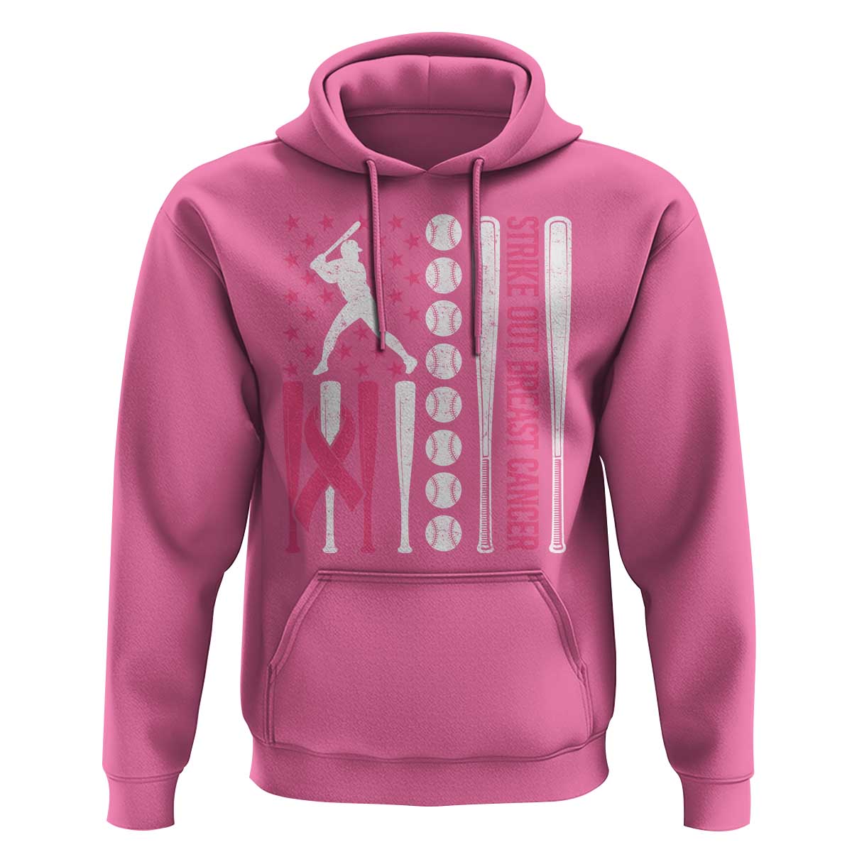 Baseball Breast Cancer Hoodie Pink Ribbon Strike Out Breast Cancer American Flag - Wonder Print Shop