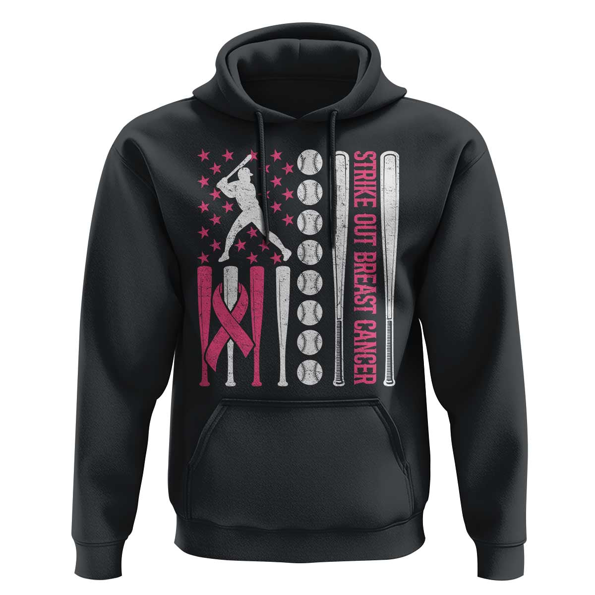 Baseball Breast Cancer Hoodie Pink Ribbon Strike Out Breast Cancer American Flag - Wonder Print Shop