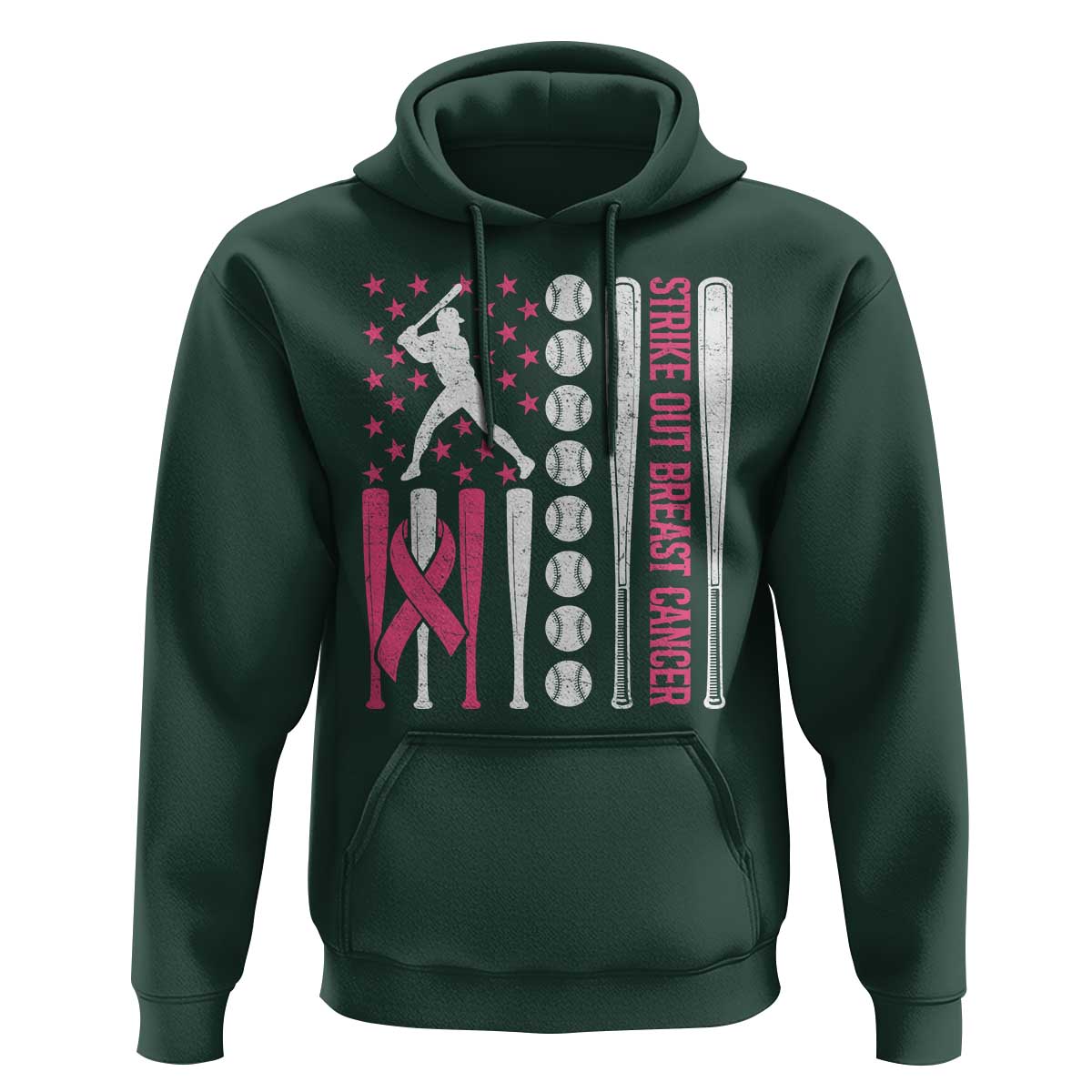Baseball Breast Cancer Hoodie Pink Ribbon Strike Out Breast Cancer American Flag - Wonder Print Shop
