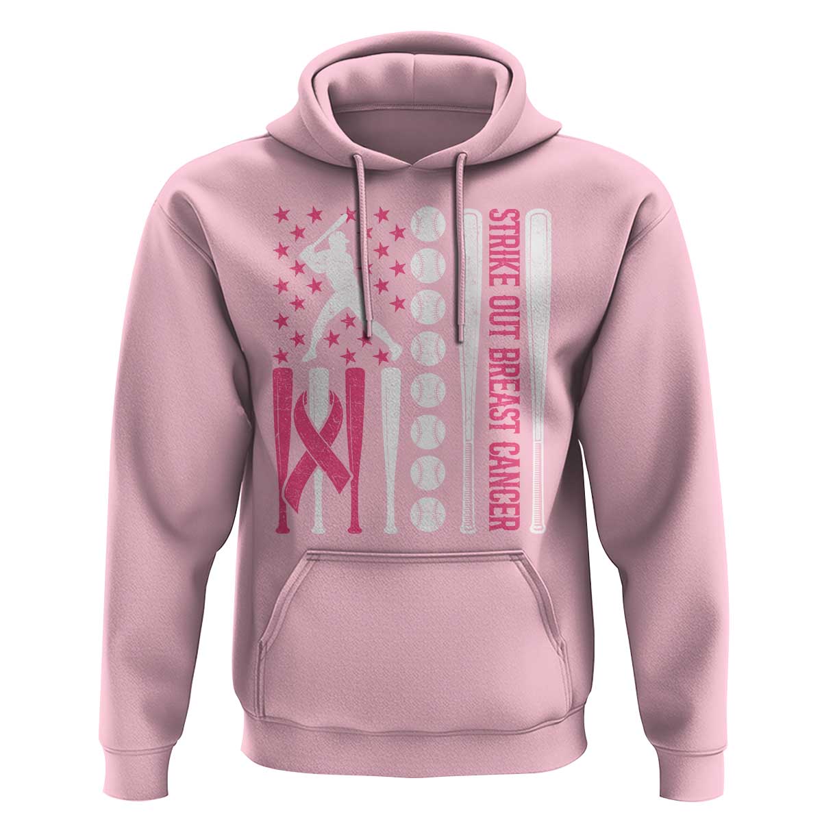 Baseball Breast Cancer Hoodie Pink Ribbon Strike Out Breast Cancer American Flag - Wonder Print Shop