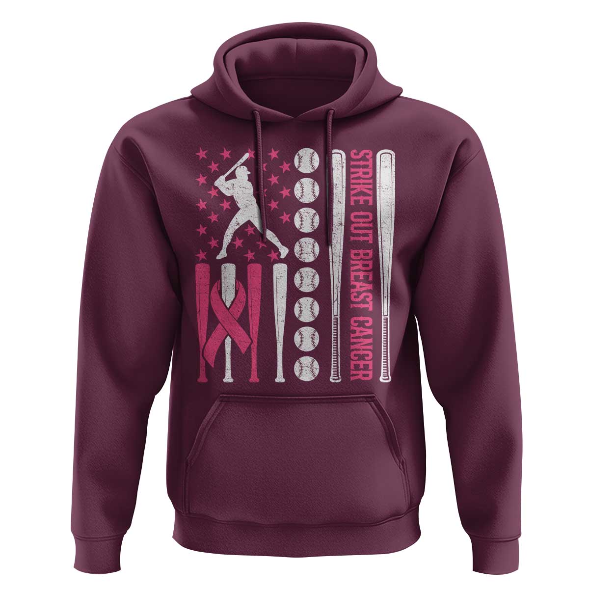 Baseball Breast Cancer Hoodie Pink Ribbon Strike Out Breast Cancer American Flag - Wonder Print Shop