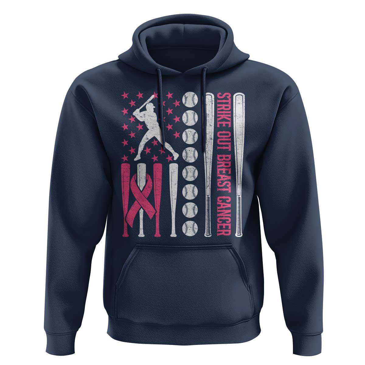 Baseball Breast Cancer Hoodie Pink Ribbon Strike Out Breast Cancer American Flag - Wonder Print Shop