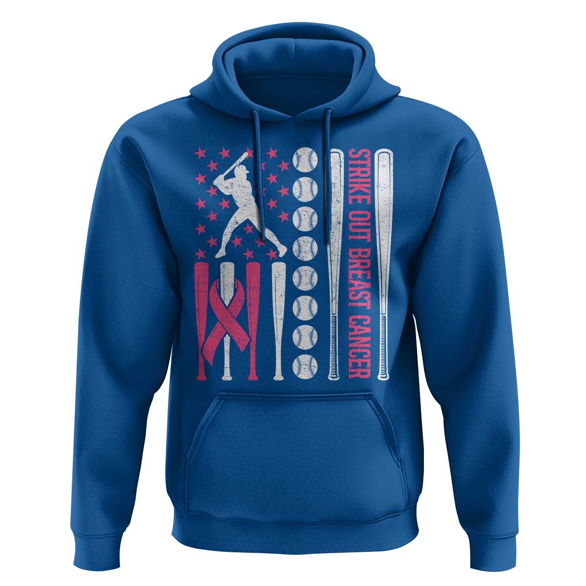Baseball Breast Cancer Hoodie Pink Ribbon Strike Out Breast Cancer American Flag - Wonder Print Shop