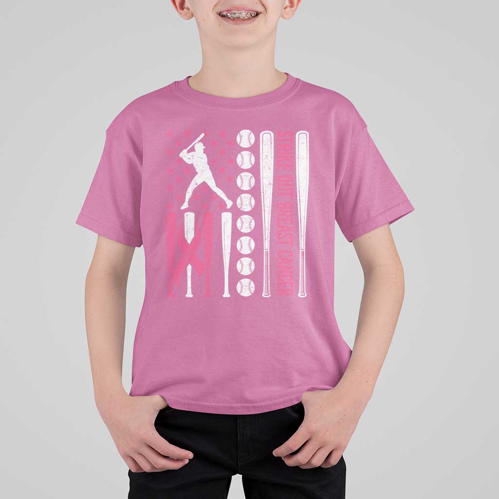 Baseball Breast Cancer T Shirt For Kid Pink Ribbon Strike Out Breast Cancer American Flag - Wonder Print Shop
