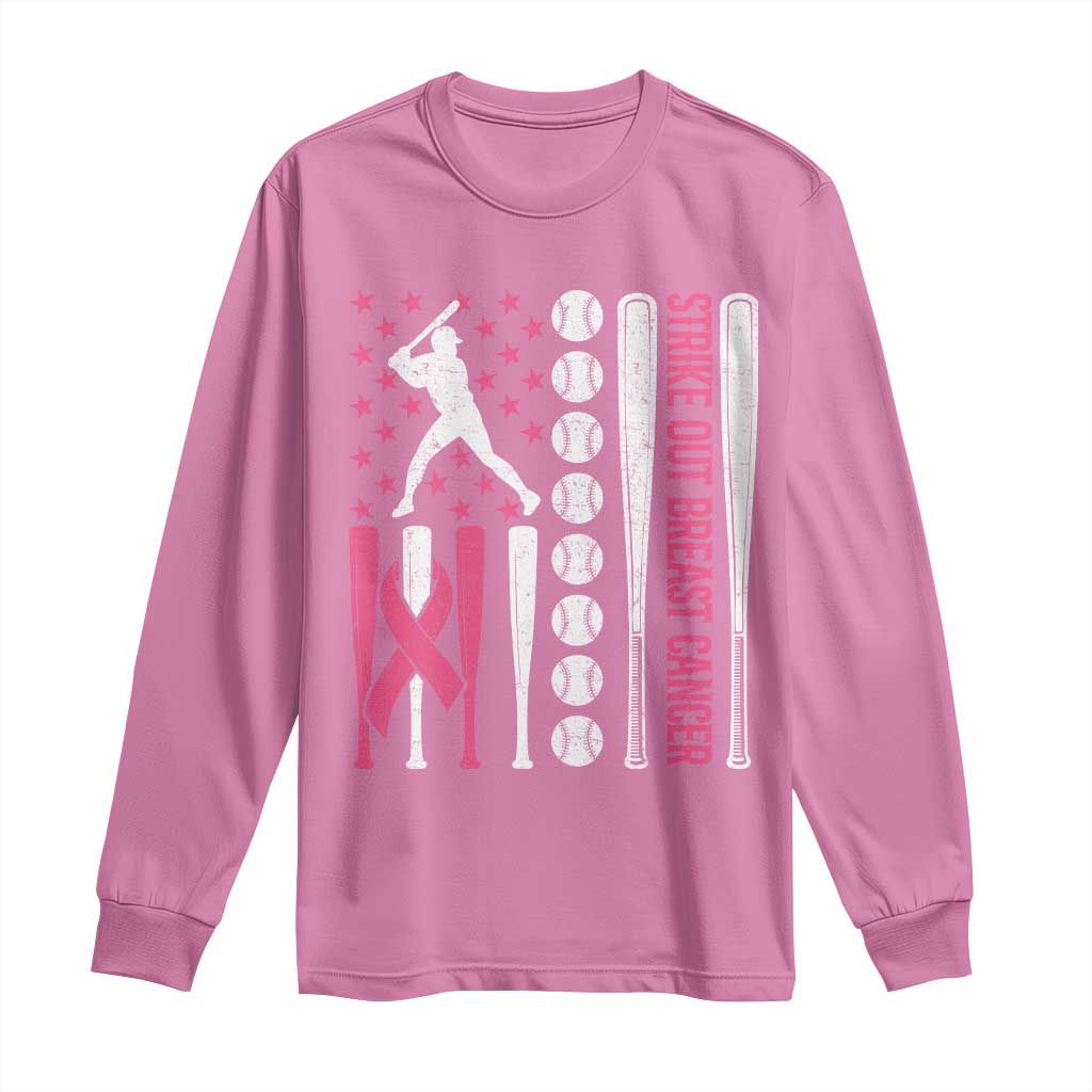 Baseball Breast Cancer Long Sleeve Shirt Pink Ribbon Strike Out Breast Cancer American Flag - Wonder Print Shop