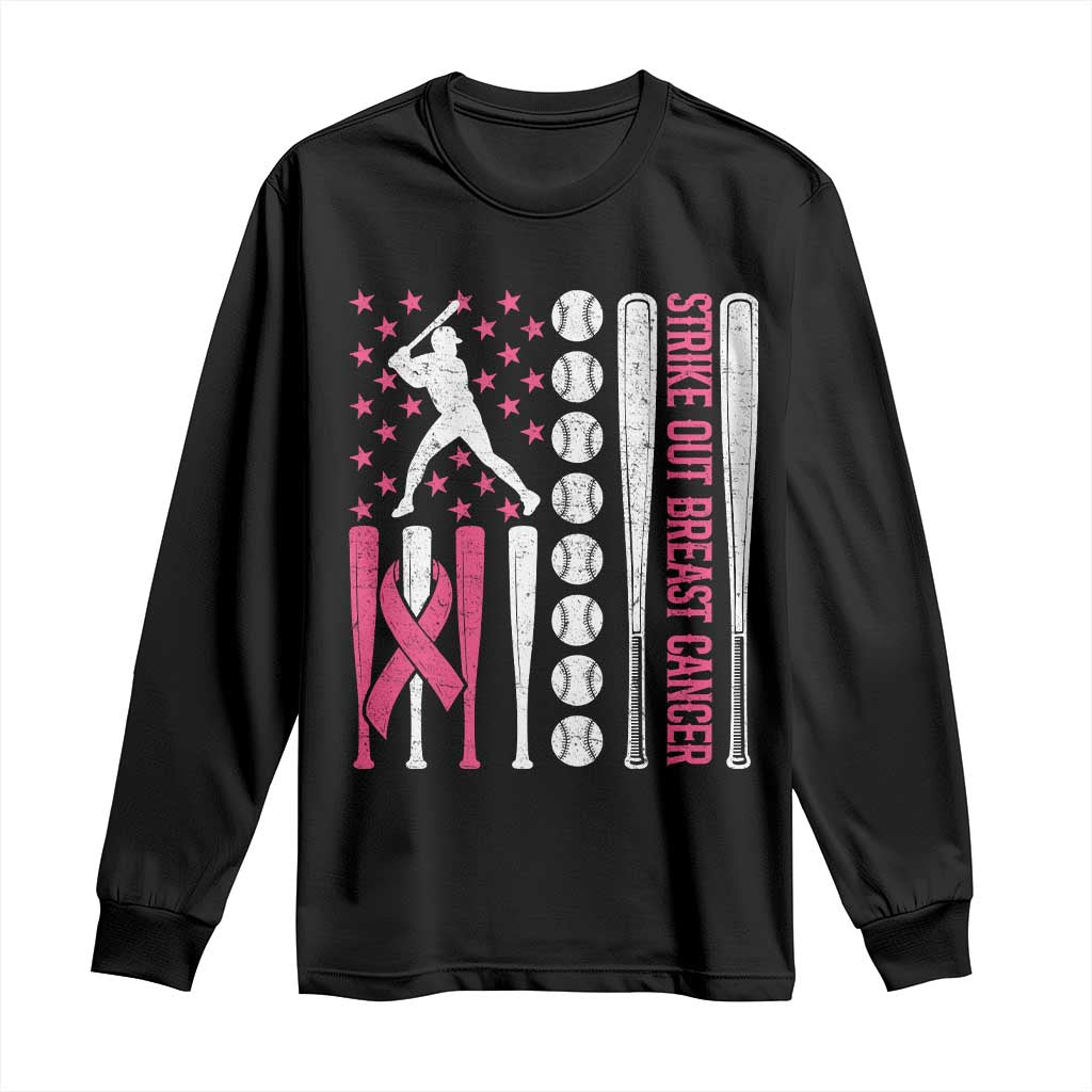 Baseball Breast Cancer Long Sleeve Shirt Pink Ribbon Strike Out Breast Cancer American Flag - Wonder Print Shop