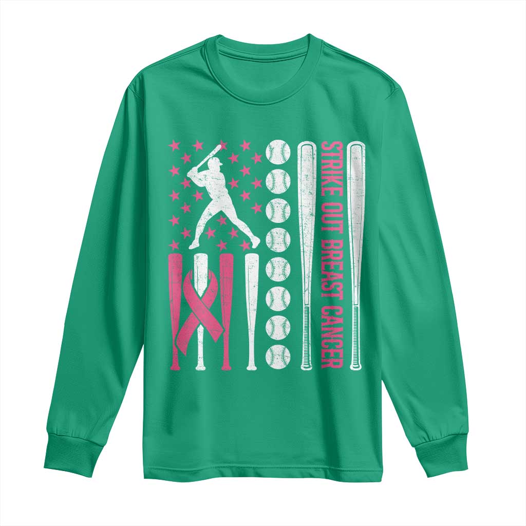 Baseball Breast Cancer Long Sleeve Shirt Pink Ribbon Strike Out Breast Cancer American Flag - Wonder Print Shop