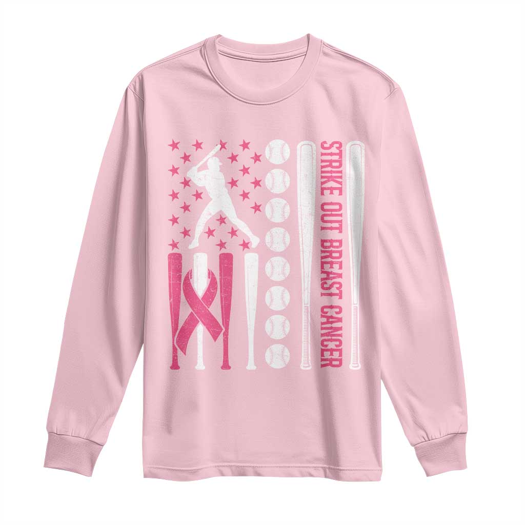 Baseball Breast Cancer Long Sleeve Shirt Pink Ribbon Strike Out Breast Cancer American Flag - Wonder Print Shop