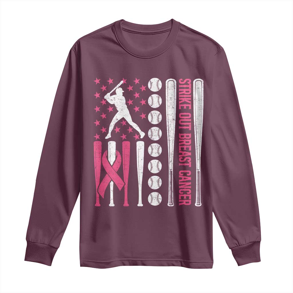 Baseball Breast Cancer Long Sleeve Shirt Pink Ribbon Strike Out Breast Cancer American Flag - Wonder Print Shop