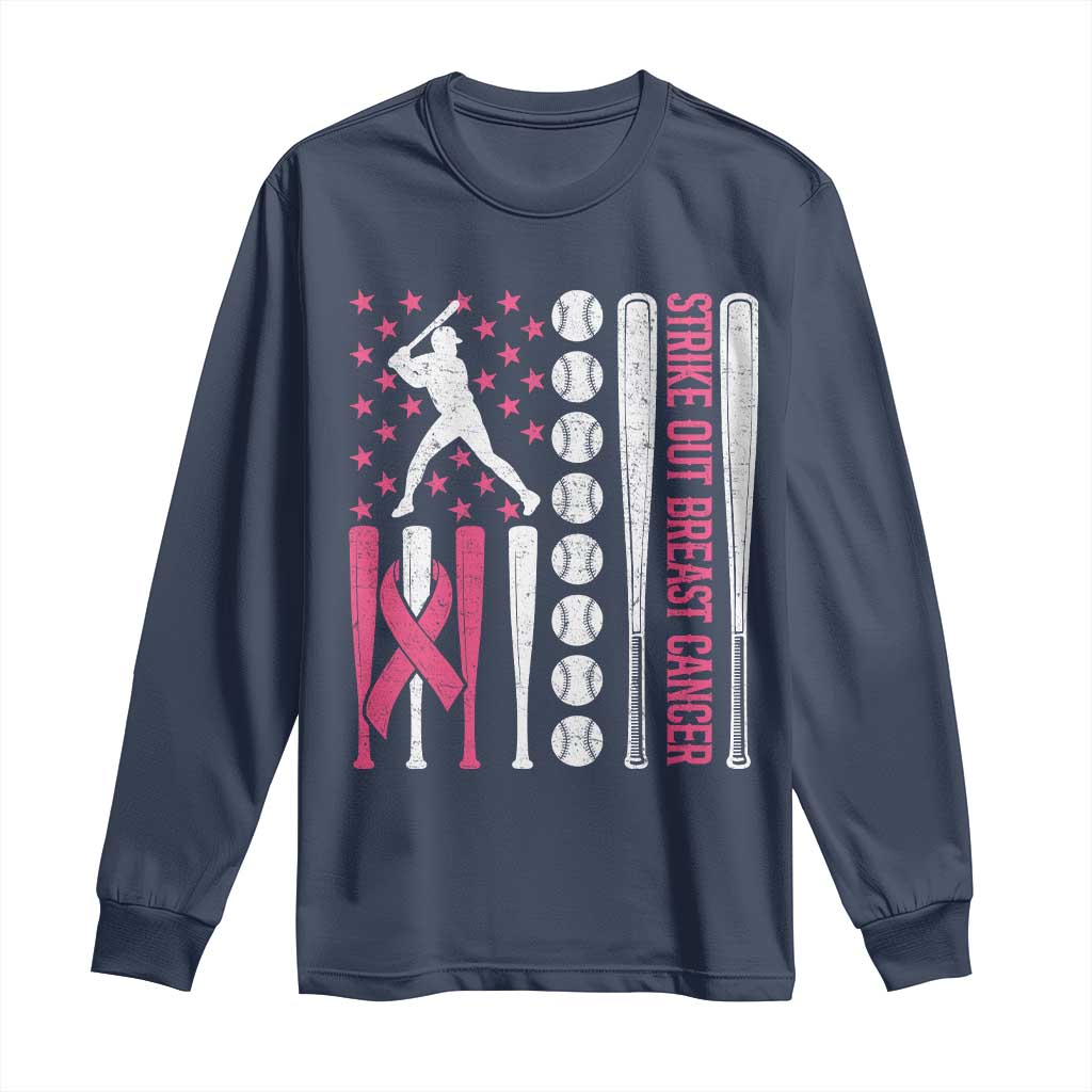 Baseball Breast Cancer Long Sleeve Shirt Pink Ribbon Strike Out Breast Cancer American Flag - Wonder Print Shop