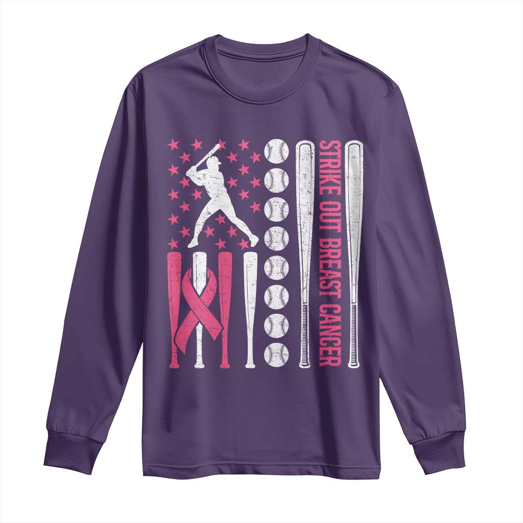 Baseball Breast Cancer Long Sleeve Shirt Pink Ribbon Strike Out Breast Cancer American Flag - Wonder Print Shop