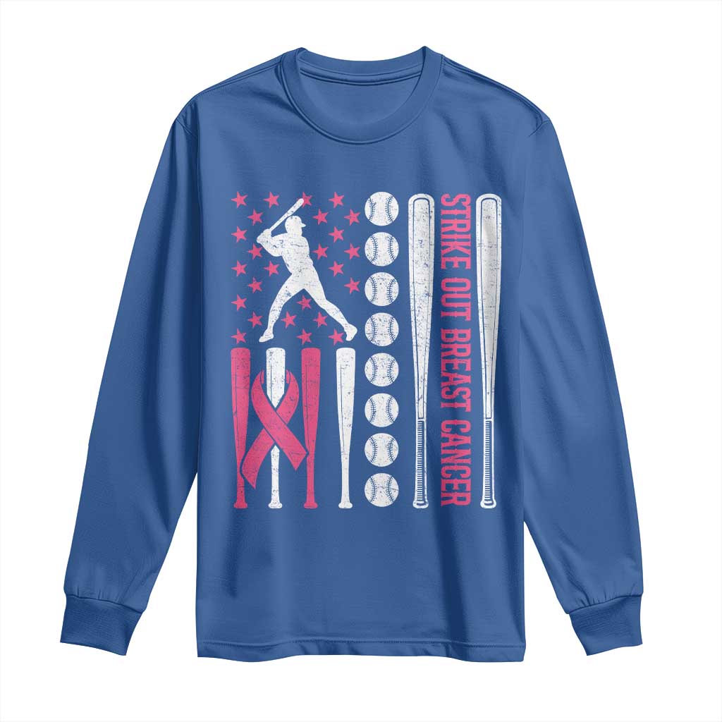 Baseball Breast Cancer Long Sleeve Shirt Pink Ribbon Strike Out Breast Cancer American Flag - Wonder Print Shop