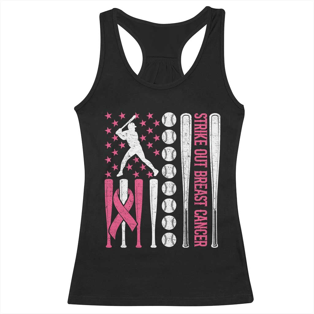 Baseball Breast Cancer Racerback Tank Top Pink Ribbon Strike Out Breast Cancer American Flag - Wonder Print Shop