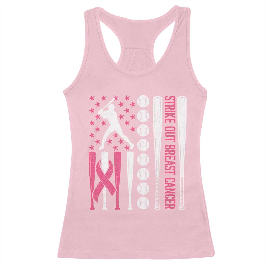 Baseball Breast Cancer Racerback Tank Top Pink Ribbon Strike Out Breast Cancer American Flag - Wonder Print Shop