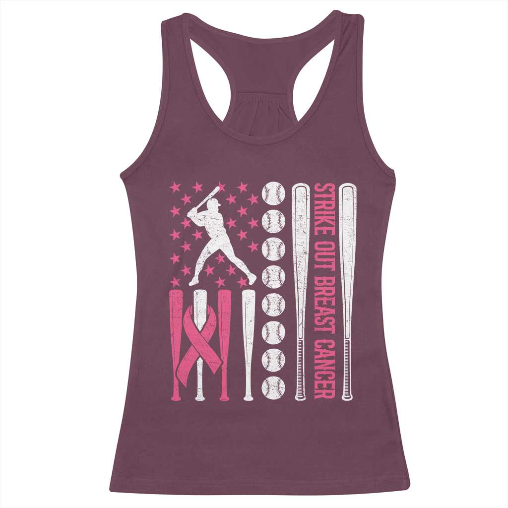 Baseball Breast Cancer Racerback Tank Top Pink Ribbon Strike Out Breast Cancer American Flag - Wonder Print Shop