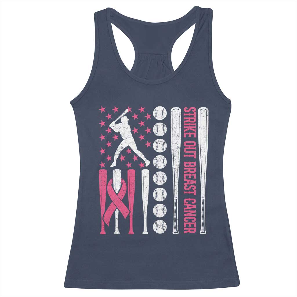 Baseball Breast Cancer Racerback Tank Top Pink Ribbon Strike Out Breast Cancer American Flag - Wonder Print Shop