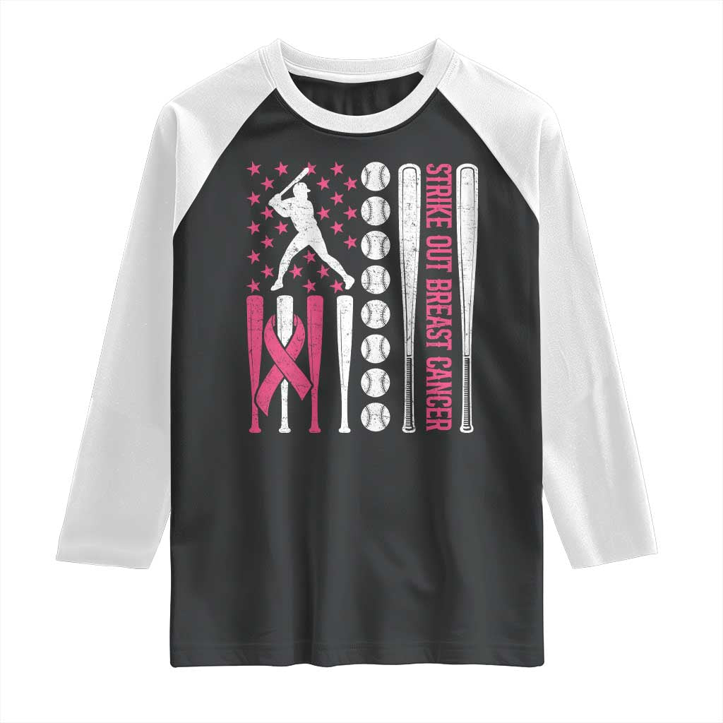 Baseball Breast Cancer Raglan Shirt Pink Ribbon Strike Out Breast Cancer American Flag - Wonder Print Shop