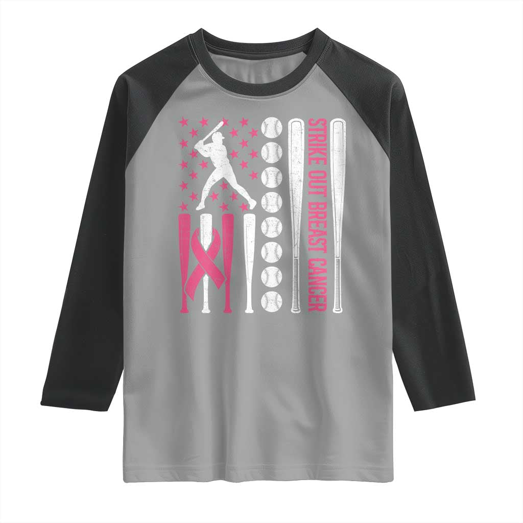 Baseball Breast Cancer Raglan Shirt Pink Ribbon Strike Out Breast Cancer American Flag - Wonder Print Shop