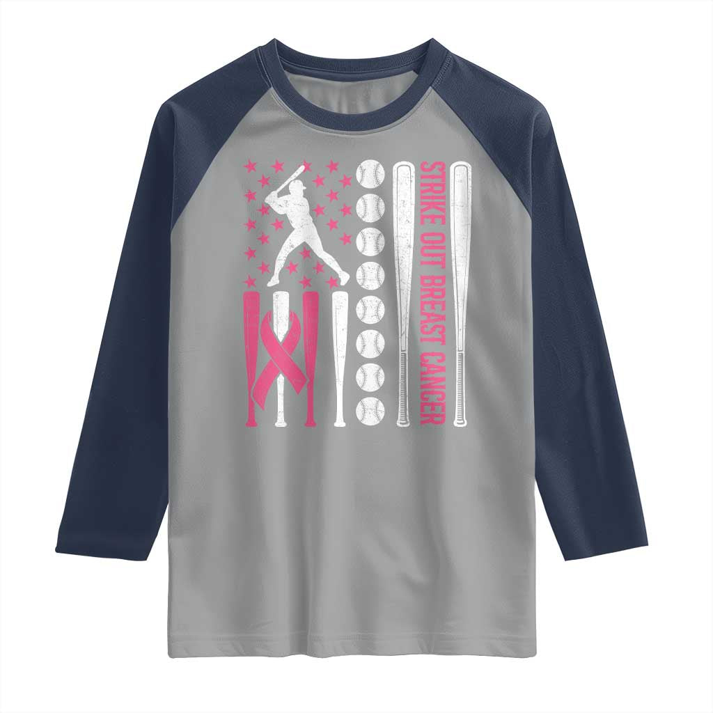 Baseball Breast Cancer Raglan Shirt Pink Ribbon Strike Out Breast Cancer American Flag - Wonder Print Shop
