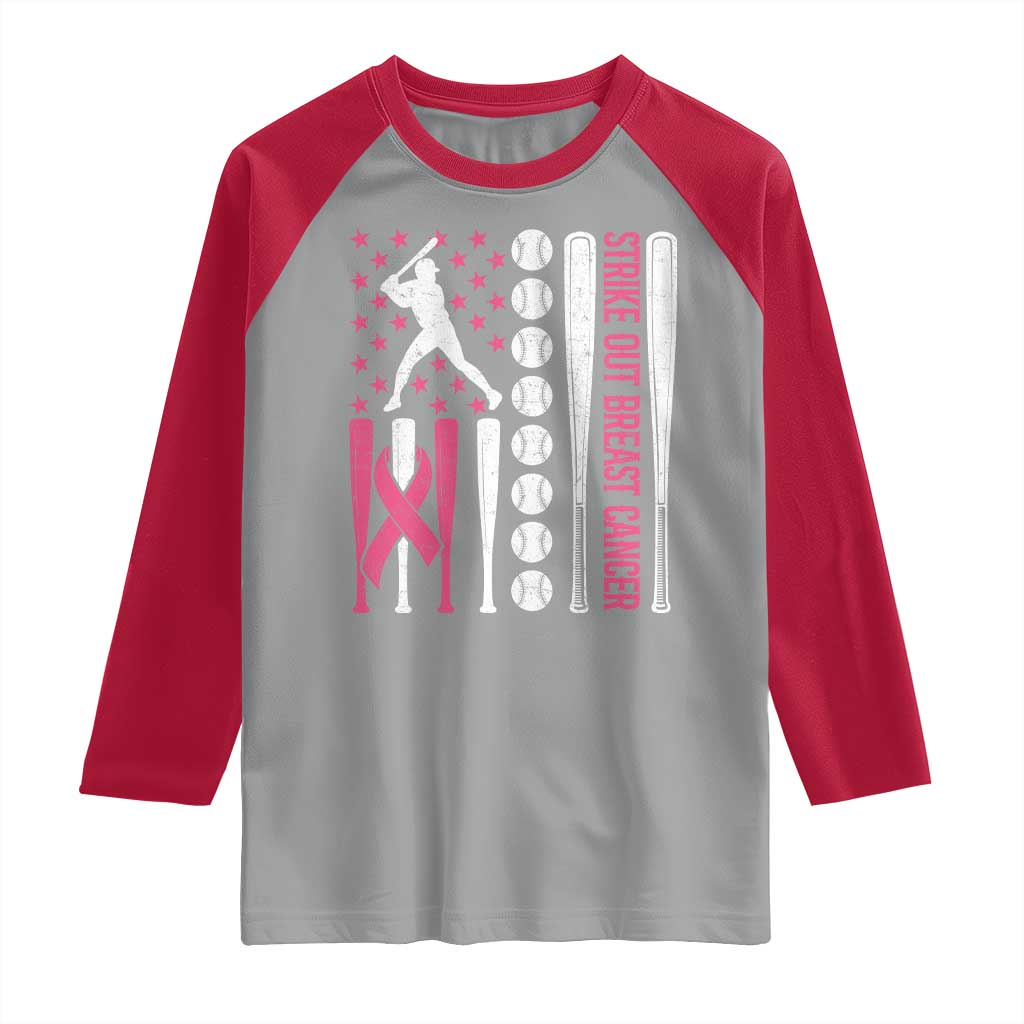 Baseball Breast Cancer Raglan Shirt Pink Ribbon Strike Out Breast Cancer American Flag - Wonder Print Shop