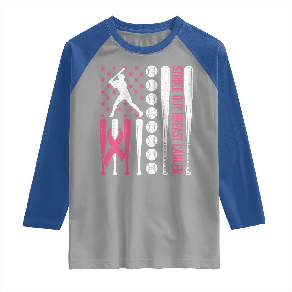Baseball Breast Cancer Raglan Shirt Pink Ribbon Strike Out Breast Cancer American Flag - Wonder Print Shop