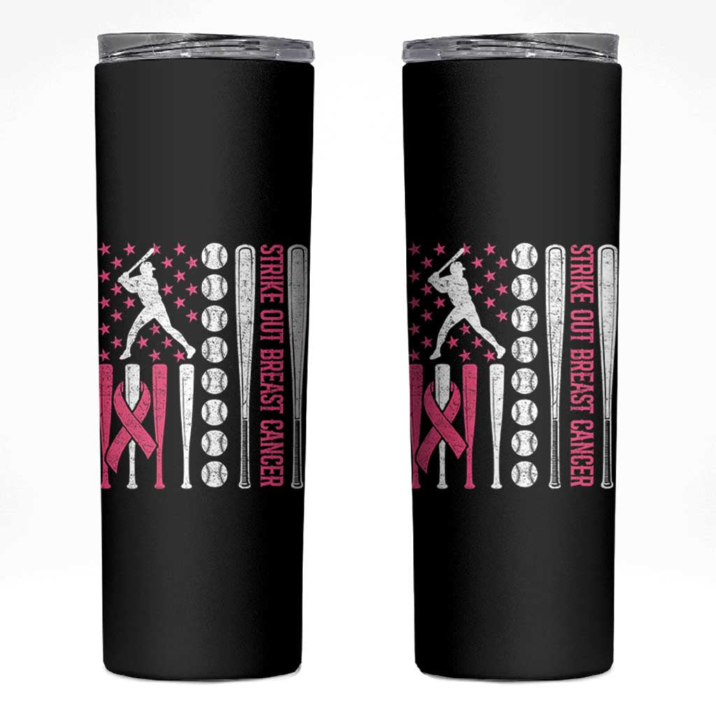Baseball Breast Cancer Skinny Tumbler Pink Ribbon Strike Out Breast Cancer American Flag - Wonder Print Shop