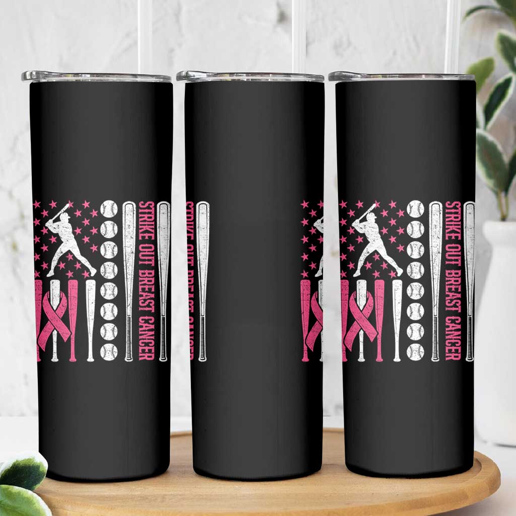 Baseball Breast Cancer Skinny Tumbler Pink Ribbon Strike Out Breast Cancer American Flag - Wonder Print Shop