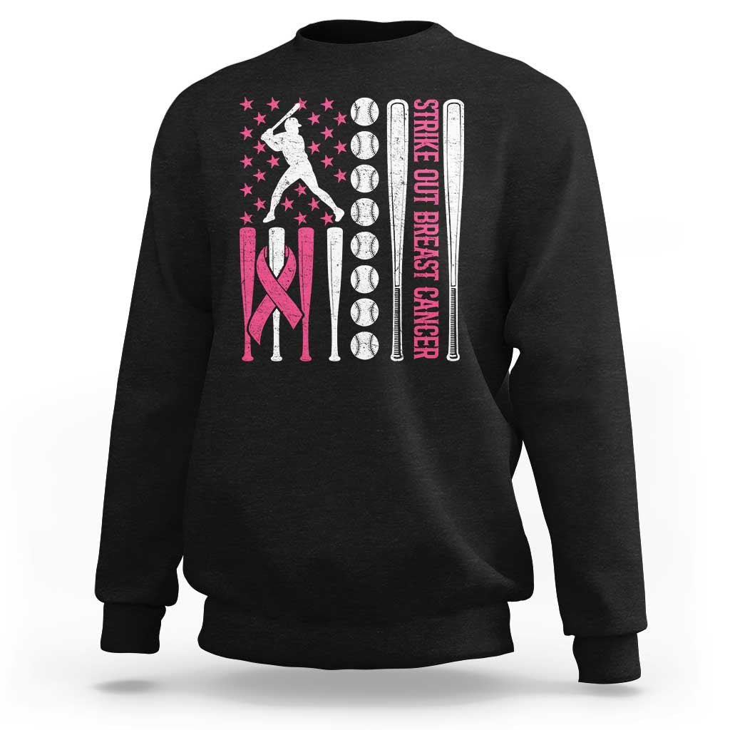 Baseball Breast Cancer Sweatshirt Pink Ribbon Strike Out Breast Cancer American Flag - Wonder Print Shop