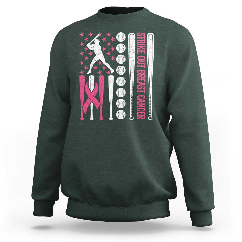 Baseball Breast Cancer Sweatshirt Pink Ribbon Strike Out Breast Cancer American Flag - Wonder Print Shop