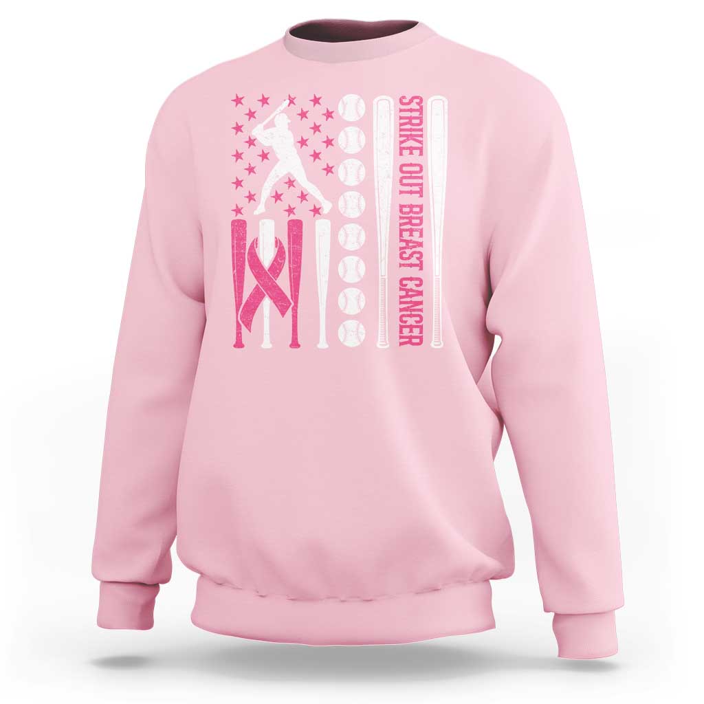 Baseball Breast Cancer Sweatshirt Pink Ribbon Strike Out Breast Cancer American Flag - Wonder Print Shop