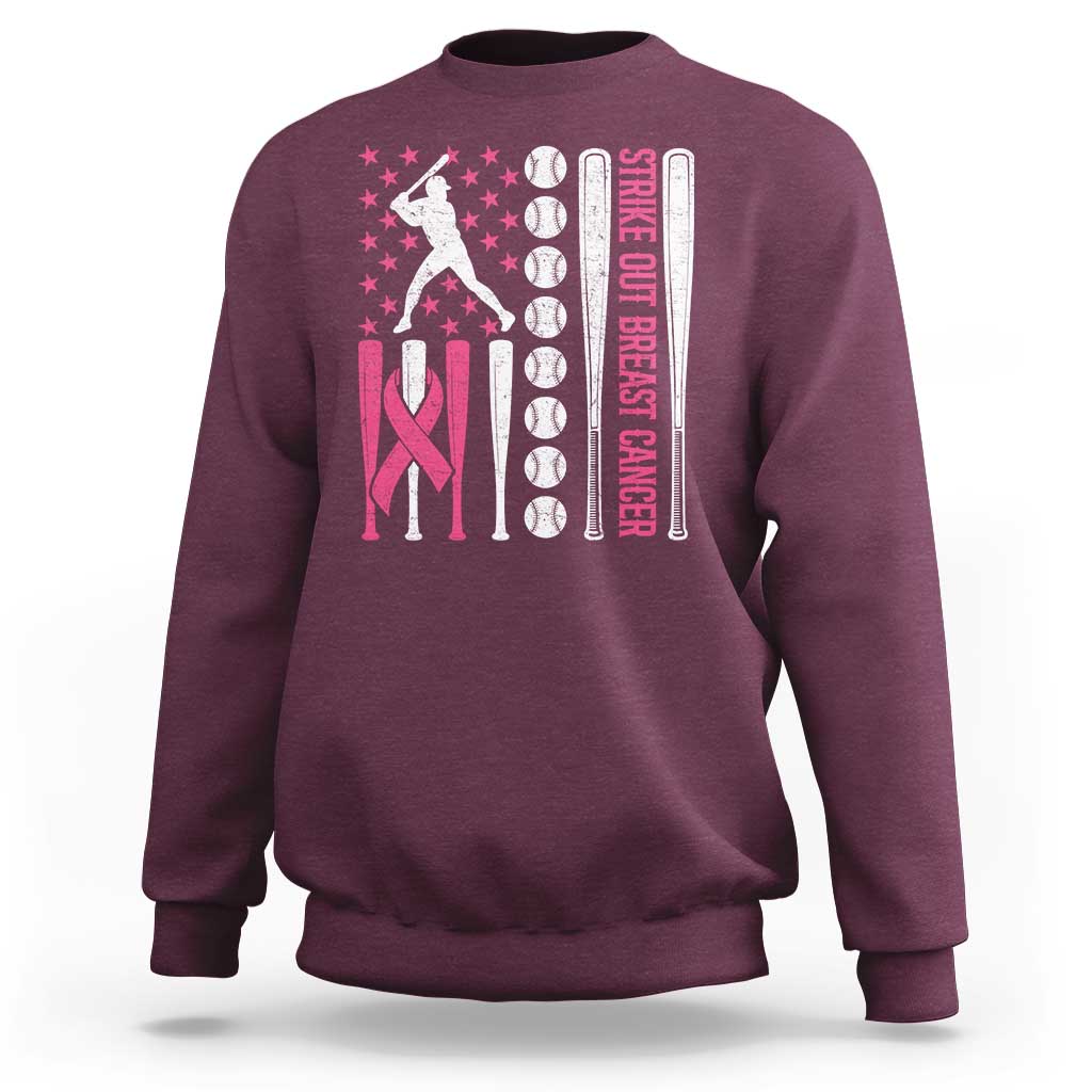 Baseball Breast Cancer Sweatshirt Pink Ribbon Strike Out Breast Cancer American Flag - Wonder Print Shop