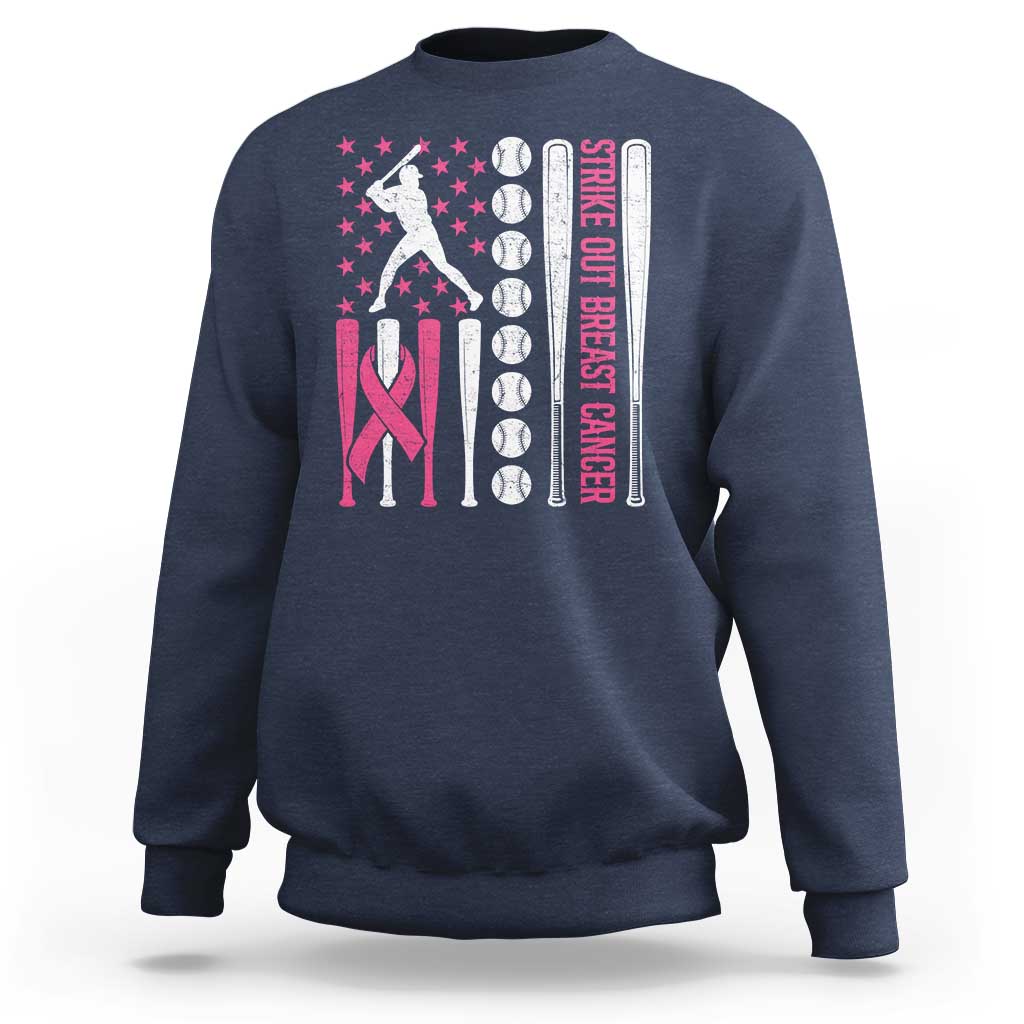 Baseball Breast Cancer Sweatshirt Pink Ribbon Strike Out Breast Cancer American Flag - Wonder Print Shop