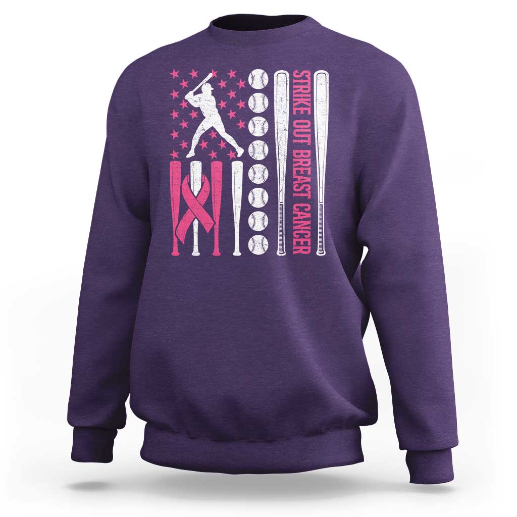 Baseball Breast Cancer Sweatshirt Pink Ribbon Strike Out Breast Cancer American Flag - Wonder Print Shop