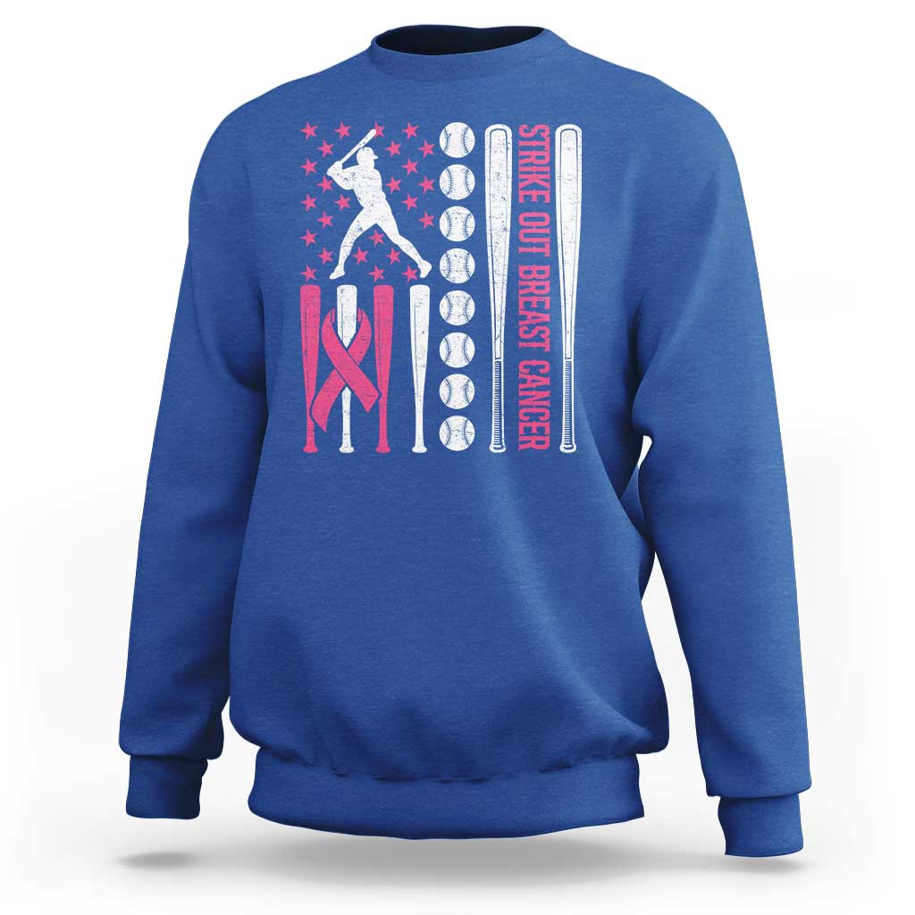 Baseball Breast Cancer Sweatshirt Pink Ribbon Strike Out Breast Cancer American Flag - Wonder Print Shop