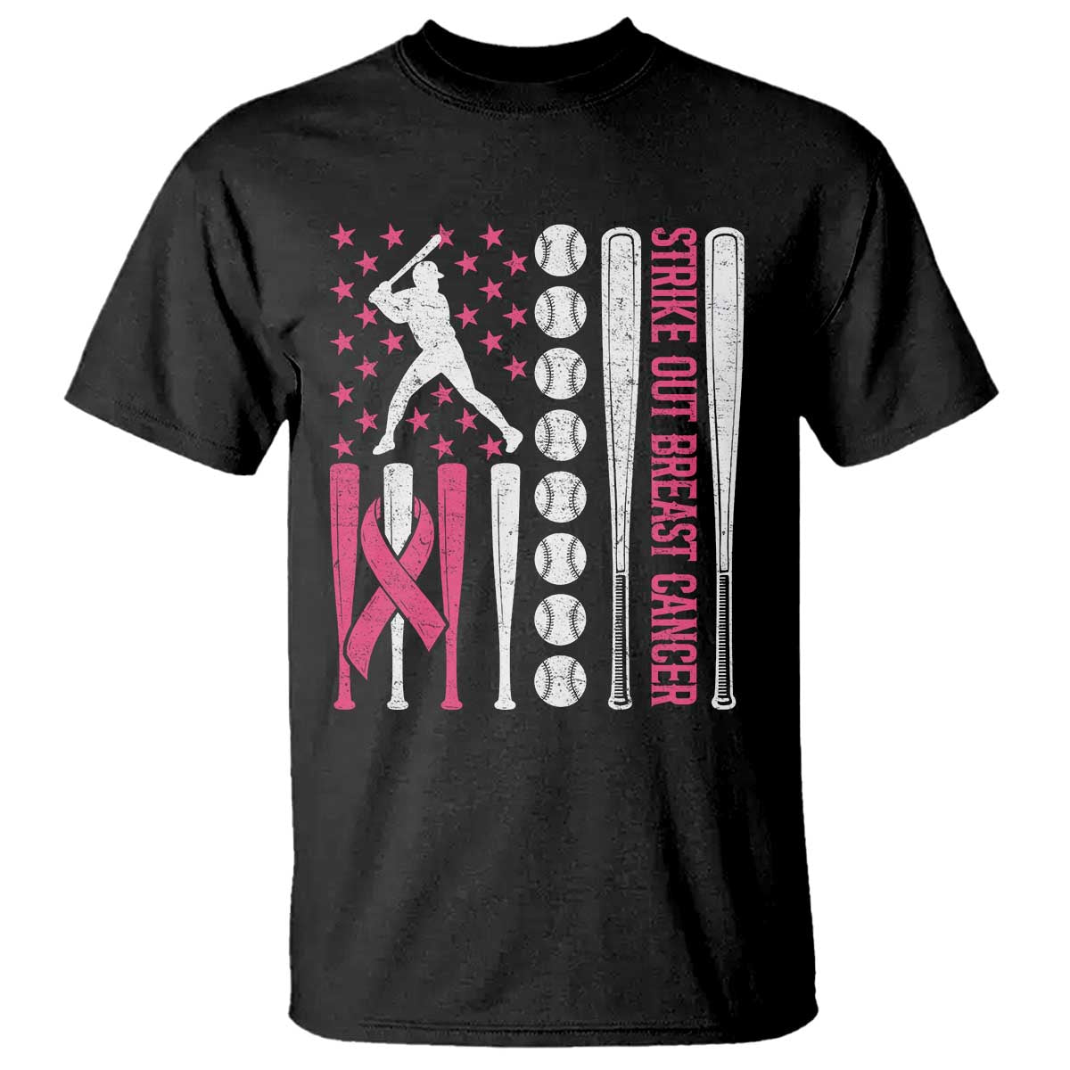 Baseball Breast Cancer T Shirt Pink Ribbon Strike Out Breast Cancer American Flag - Wonder Print Shop