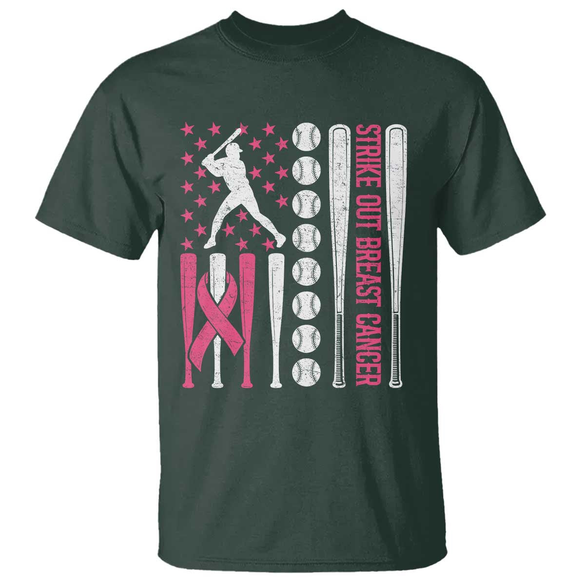 Baseball Breast Cancer T Shirt Pink Ribbon Strike Out Breast Cancer American Flag - Wonder Print Shop