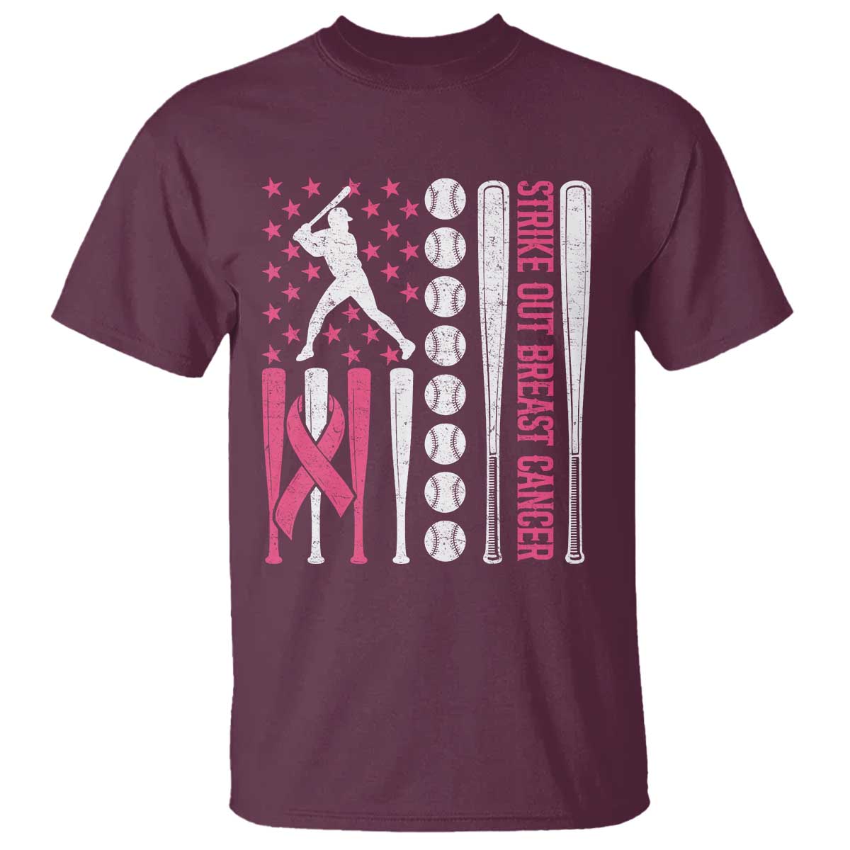 Baseball Breast Cancer T Shirt Pink Ribbon Strike Out Breast Cancer American Flag - Wonder Print Shop