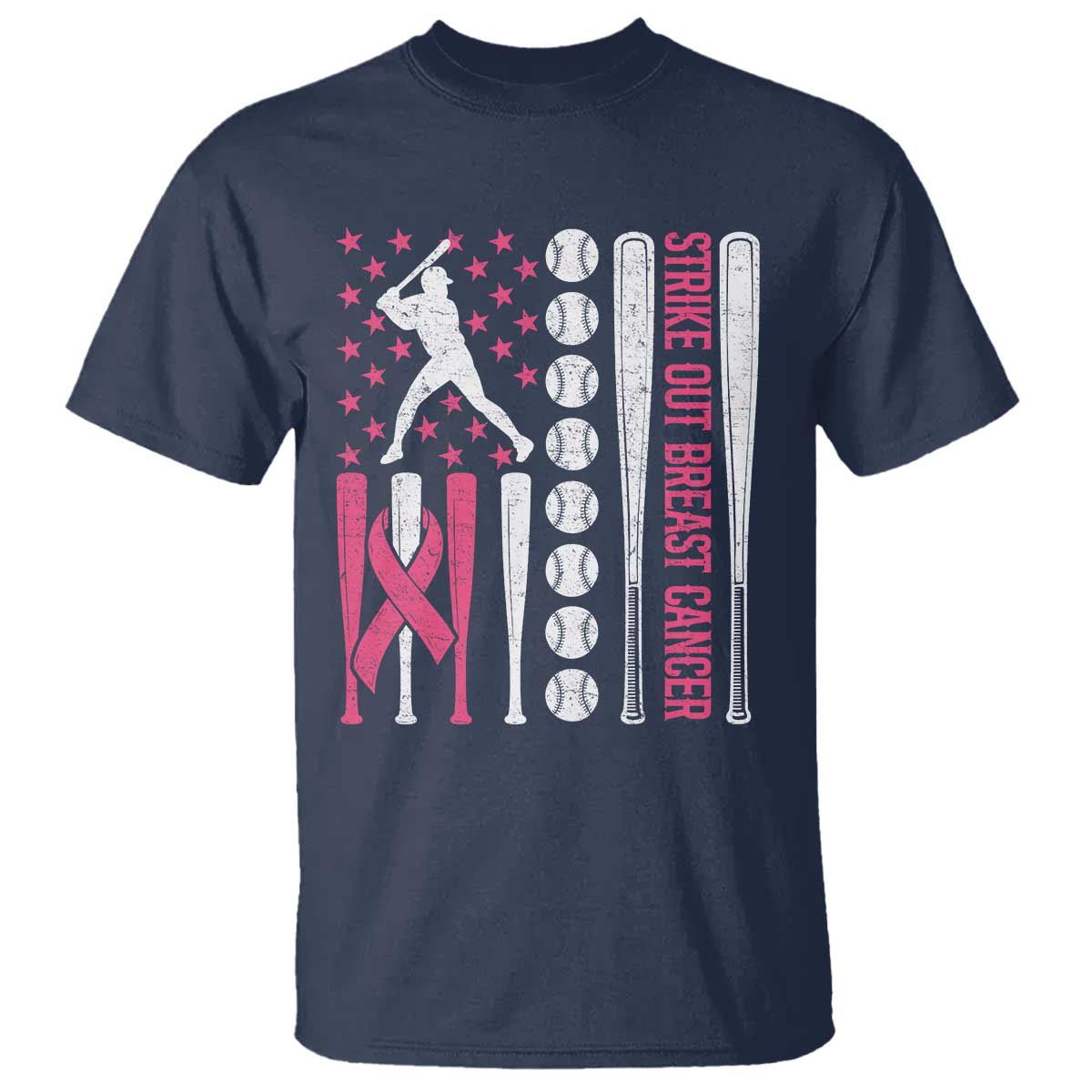 Baseball Breast Cancer T Shirt Pink Ribbon Strike Out Breast Cancer American Flag - Wonder Print Shop