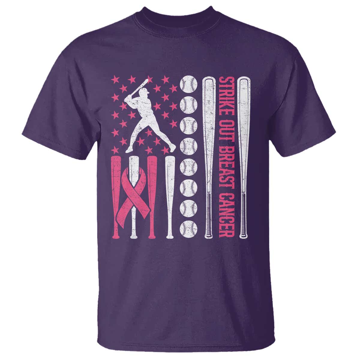 Baseball Breast Cancer T Shirt Pink Ribbon Strike Out Breast Cancer American Flag - Wonder Print Shop