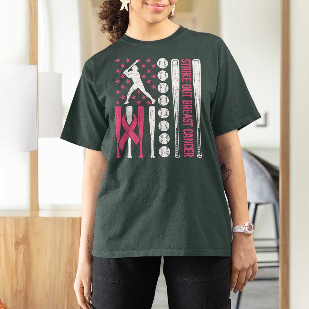 Baseball Breast Cancer T Shirt For Women Pink Ribbon Strike Out Breast Cancer American Flag - Wonder Print Shop