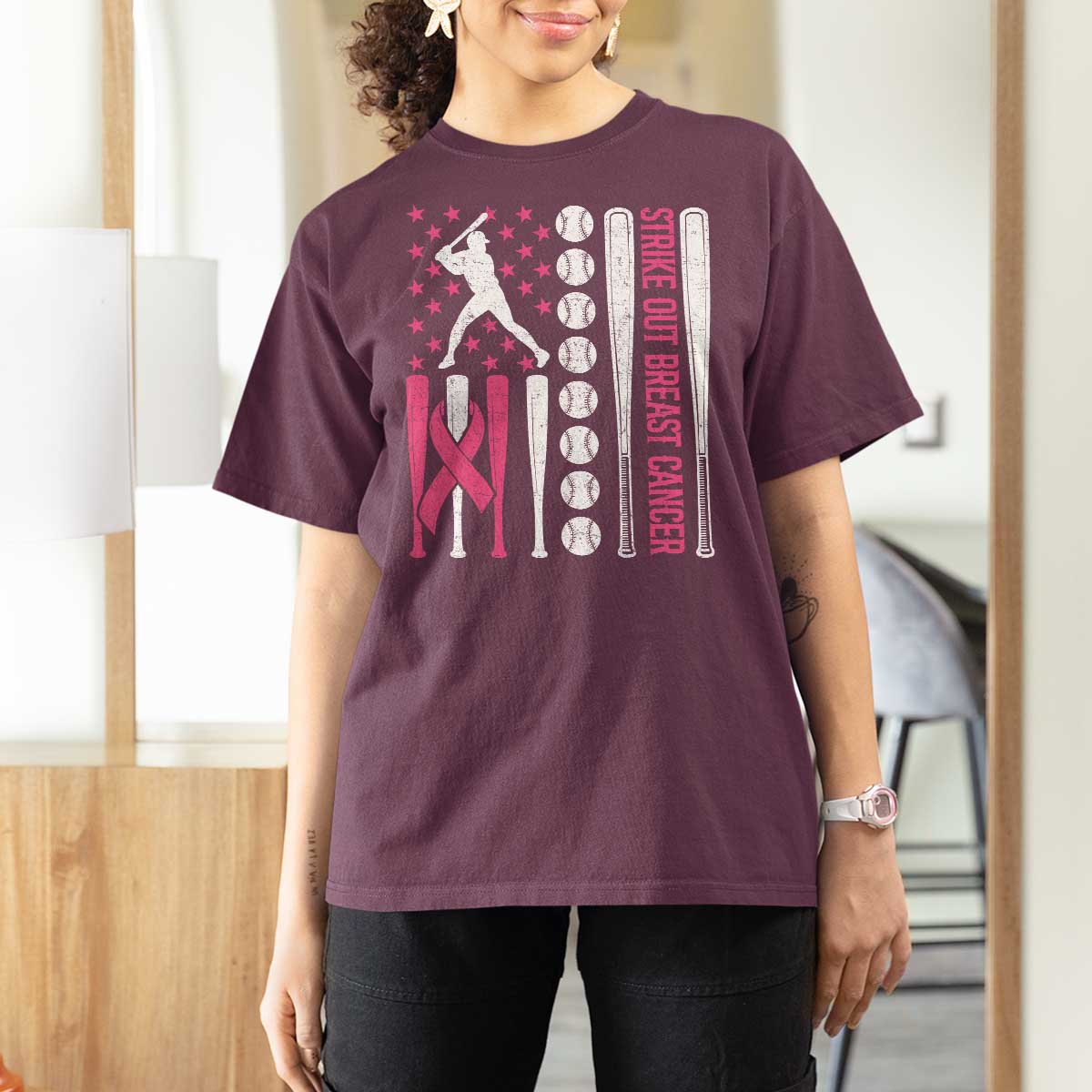 Baseball Breast Cancer T Shirt For Women Pink Ribbon Strike Out Breast Cancer American Flag - Wonder Print Shop