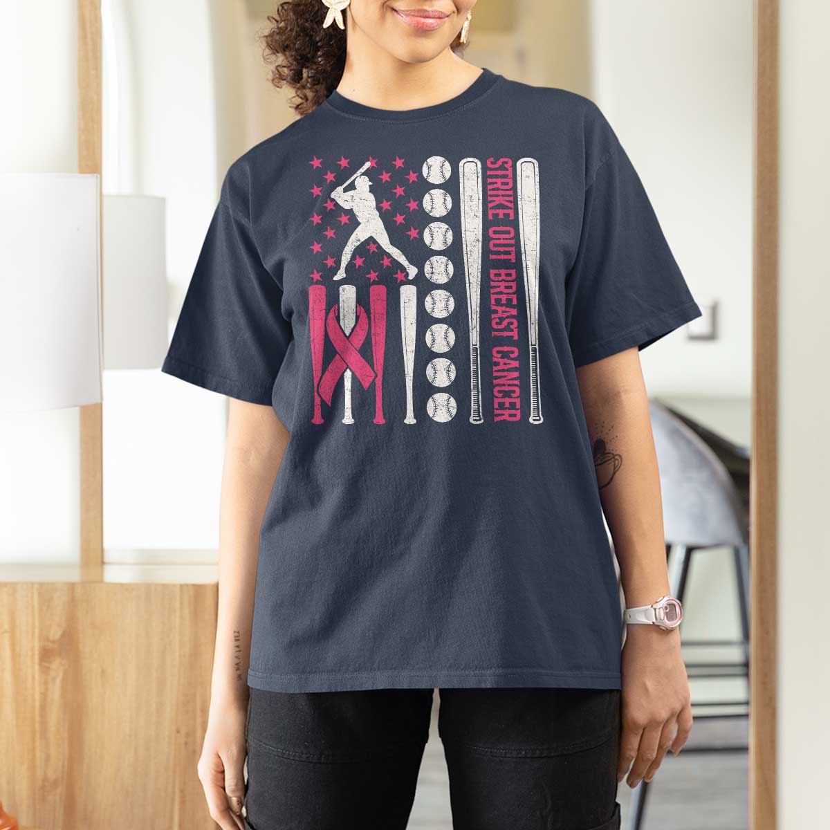 Baseball Breast Cancer T Shirt For Women Pink Ribbon Strike Out Breast Cancer American Flag - Wonder Print Shop