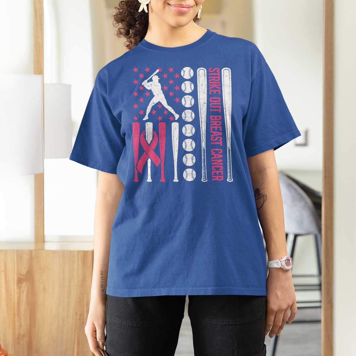 Baseball Breast Cancer T Shirt For Women Pink Ribbon Strike Out Breast Cancer American Flag - Wonder Print Shop